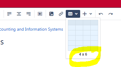 Screenshot showing the insert table option for columns and rows