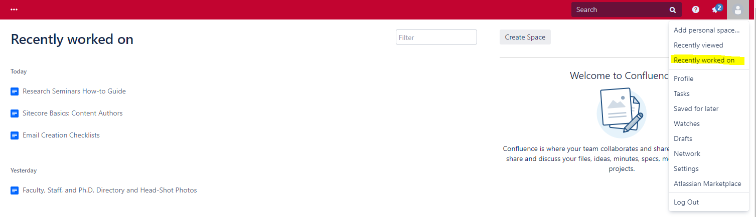 Screen shot of the avatar and recently worked on link