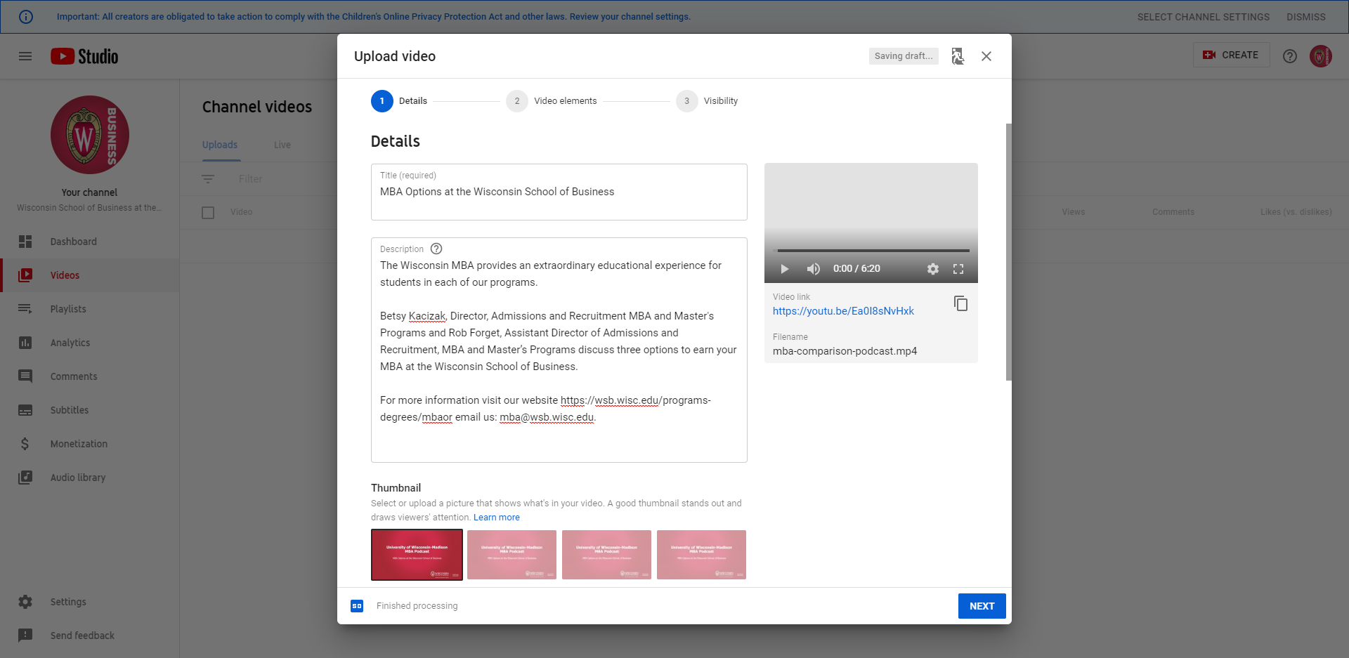 Screen shot of the YouTube settings
