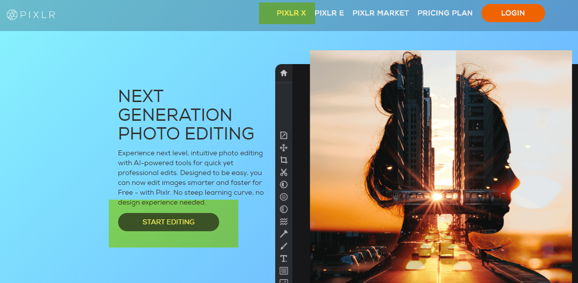 Screen shot of the Pixlr home page and navigation menus