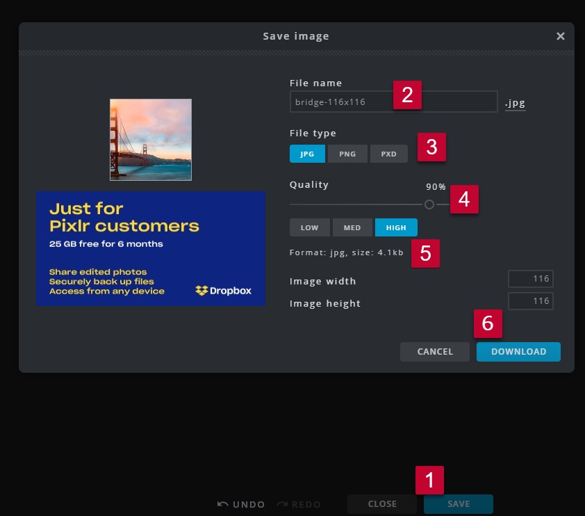 Screenshot of Save Image in pixlr
